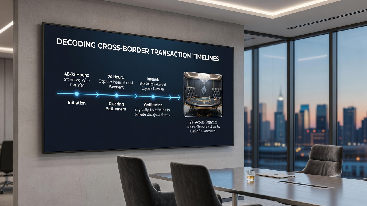Illustration of transaction timeline flowchart connecting international payments to mobile VIP blackjack suite access